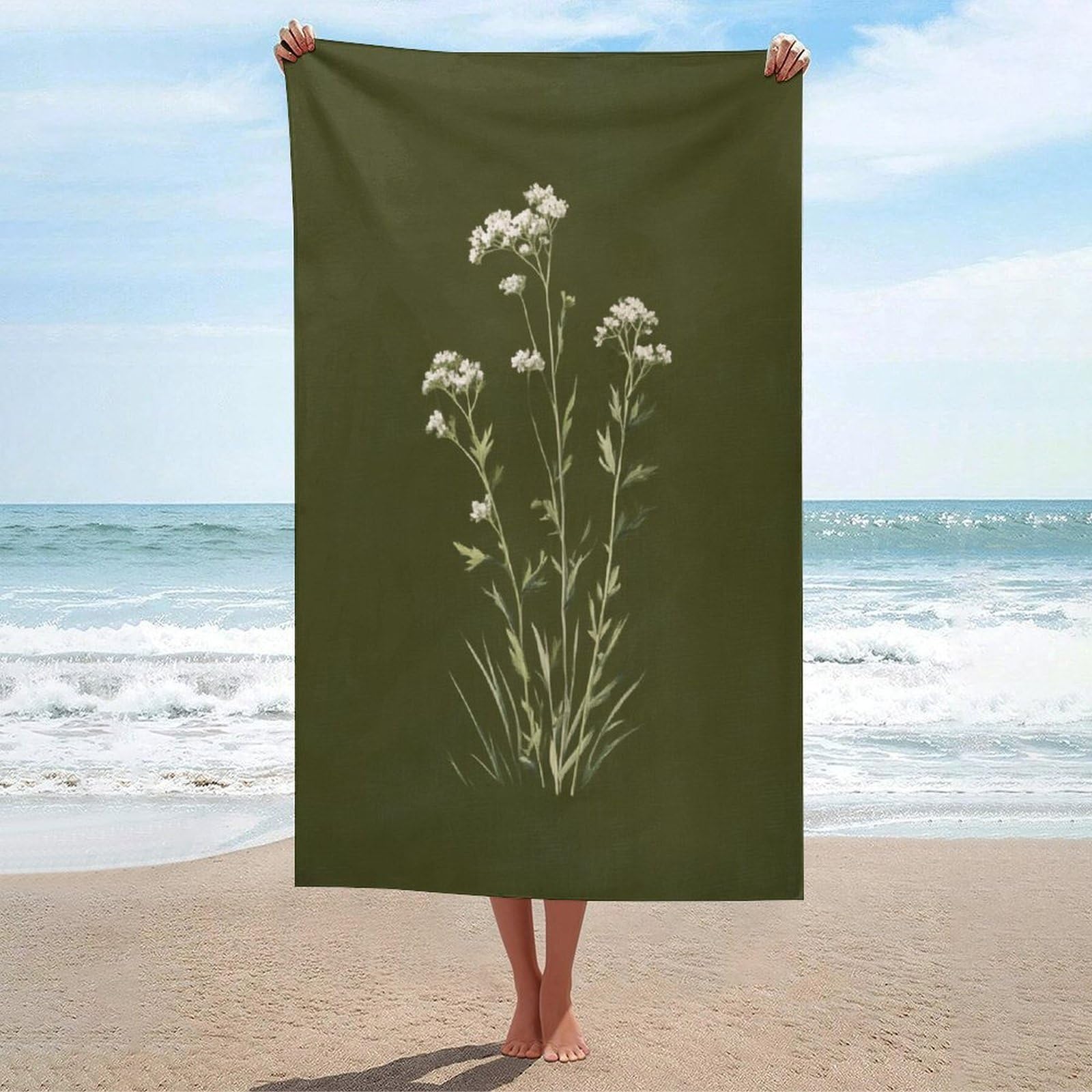 LSRCPD Minimalist Botanical Wildflower on Olive Green Beach Towel Sand Free Microfiber Large Shower Towels Multipurpose Absorbent for Bathroom Pool 130x80 CM