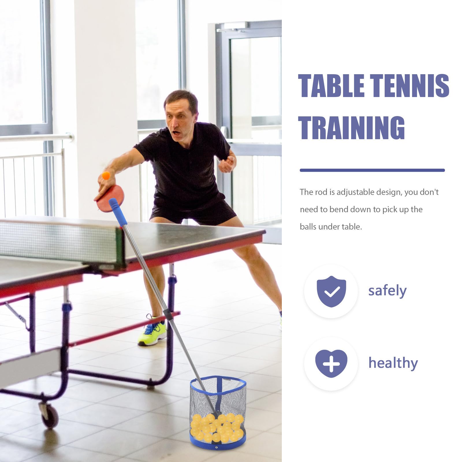 Abaodam Recogedor de Balones de Tenis de Mesa, Recogedor de Bolas Mango Telescópico, Acero Inoxidable y Nylon, Naranja, Ajustable, Portátil y Plegable, para Entrenamiento y Máquina