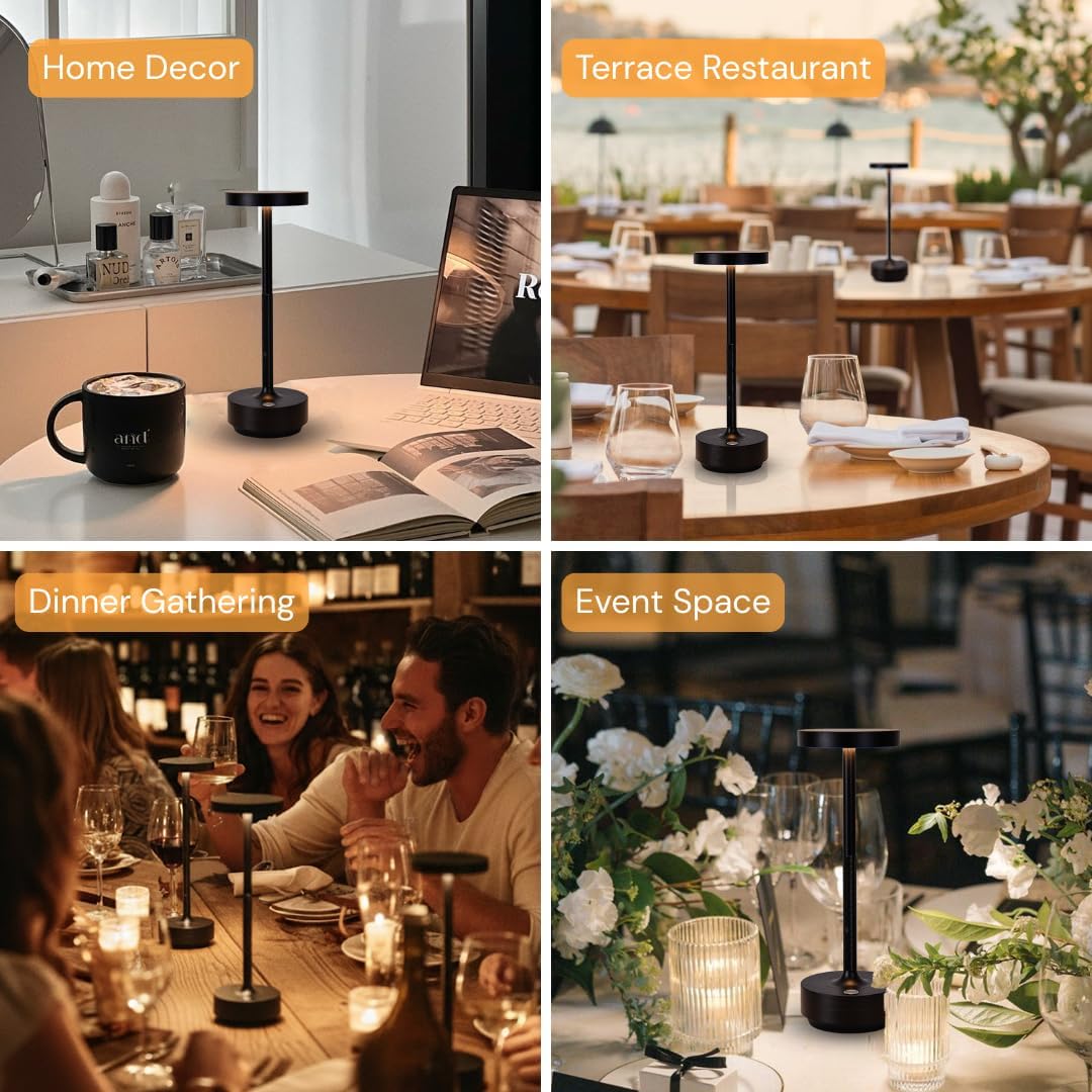 2-Pack Cordless Table Lamp Rechargeable, 5000mAh Battery Operated LED, Touch 3-Color Stepless Dimming, IP54 Waterproof Wireless Lamp for Bedroom Dining Restaurant Patio Outdoor – Black