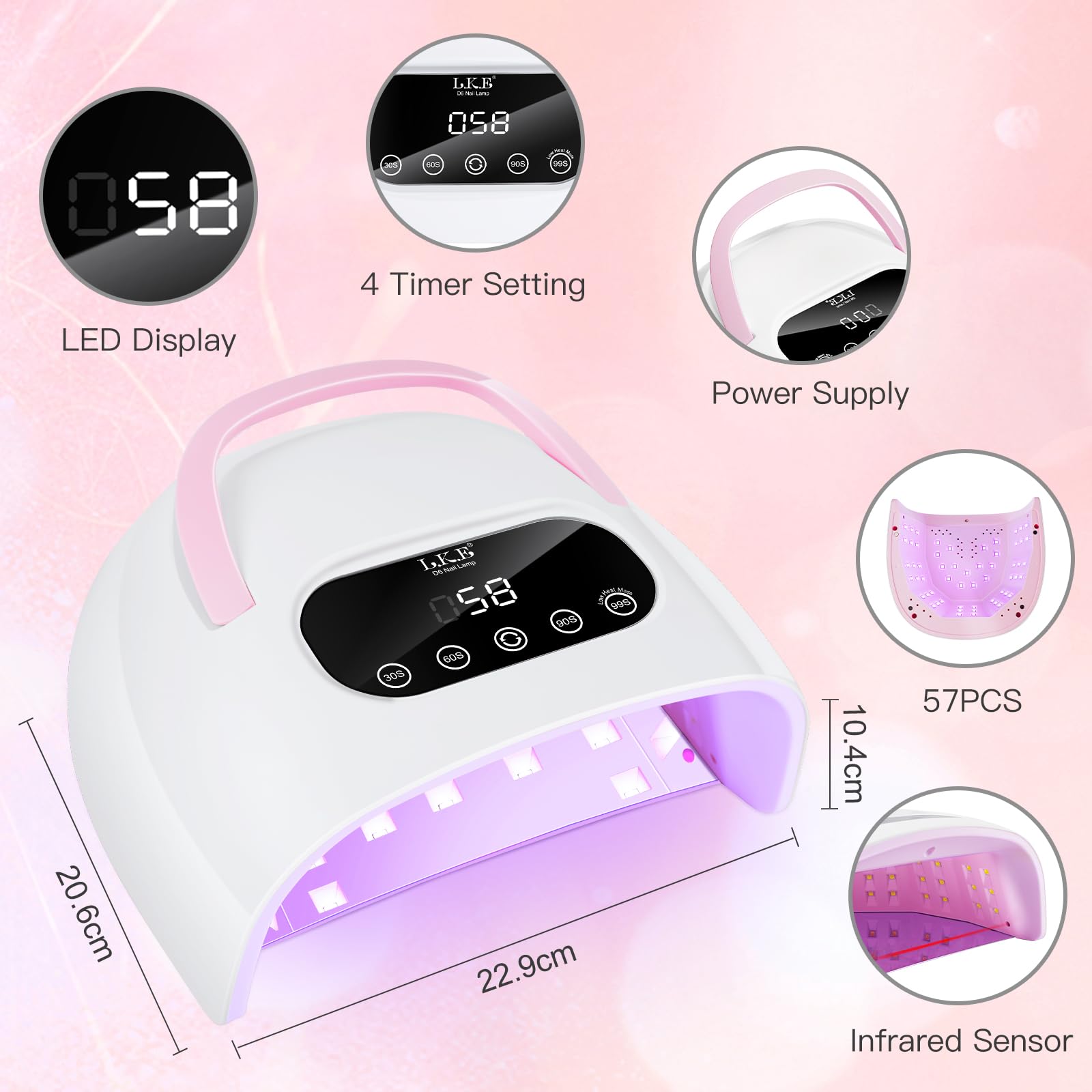 LKE Lampe à Ongles UV Led 380W Professionnelle Lampe Uv Ongles Gel Séchoirs à Ongles avec 4 Minuteries Écran Tactile LCD Capteur Automatique Poignée Portable Socle Magnétique Lampe Séchage Pour Salon