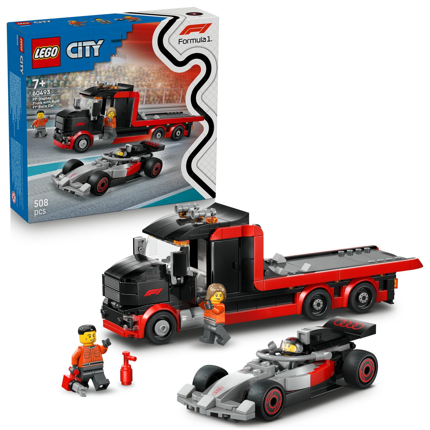 LEGO City Audi F1 Yarış Arabalı F1 Sergileme Kamyonu 60493 – 7 Yaş ve Üzeri Çocuklar için Audi Pilotu ve 2 Pit Ekibi Minifigürü İçeren Yaratıcı Oyuncak Yapım Seti, Hediye Fikri (508 Parça)