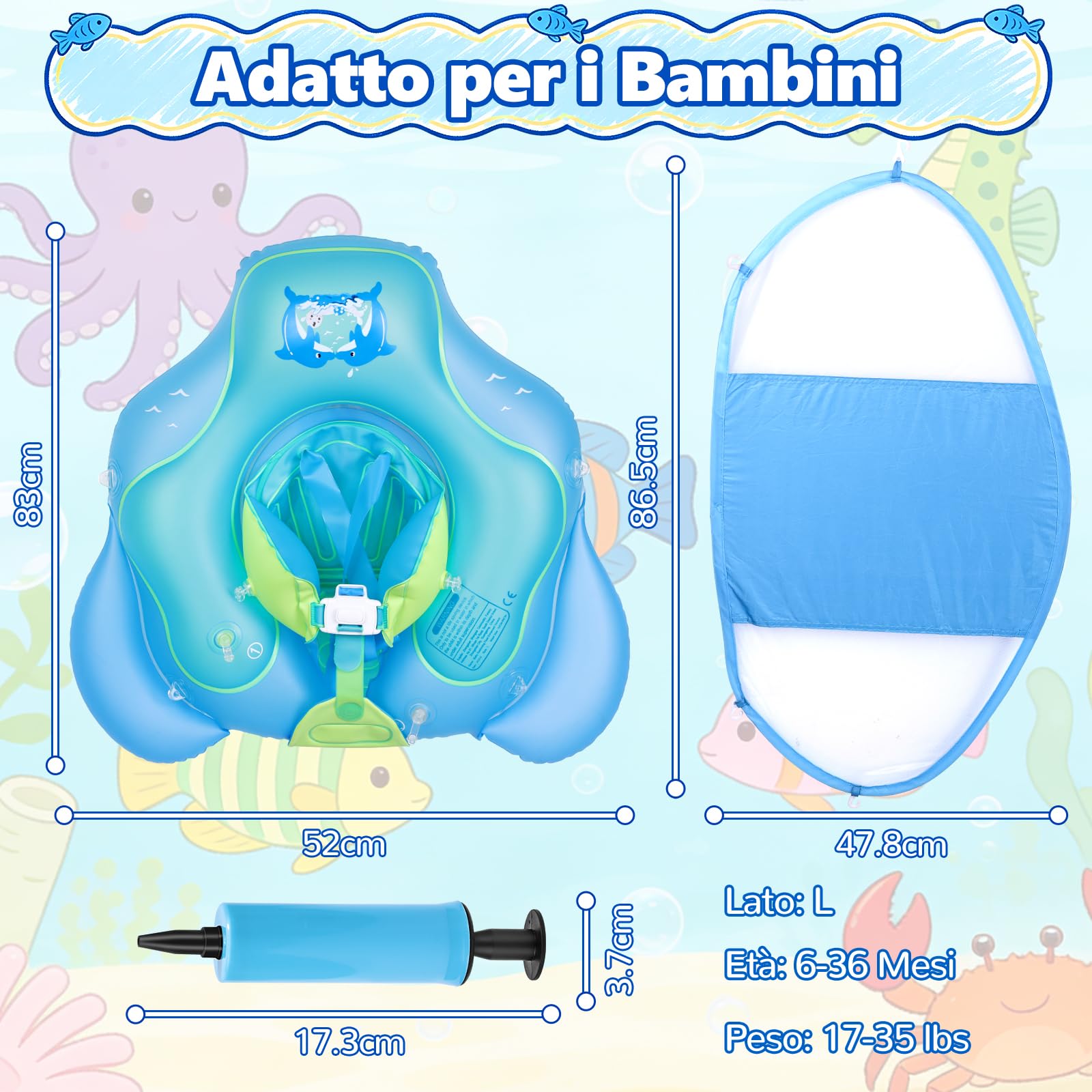 Salvagente Neonato con Parasole, Ciambella Neonato Mare, Anello Galleggiante per Bambini SPF 50+ Sedile di Sicurezza Regolabile, per Bambini da 6 a 36 mesi