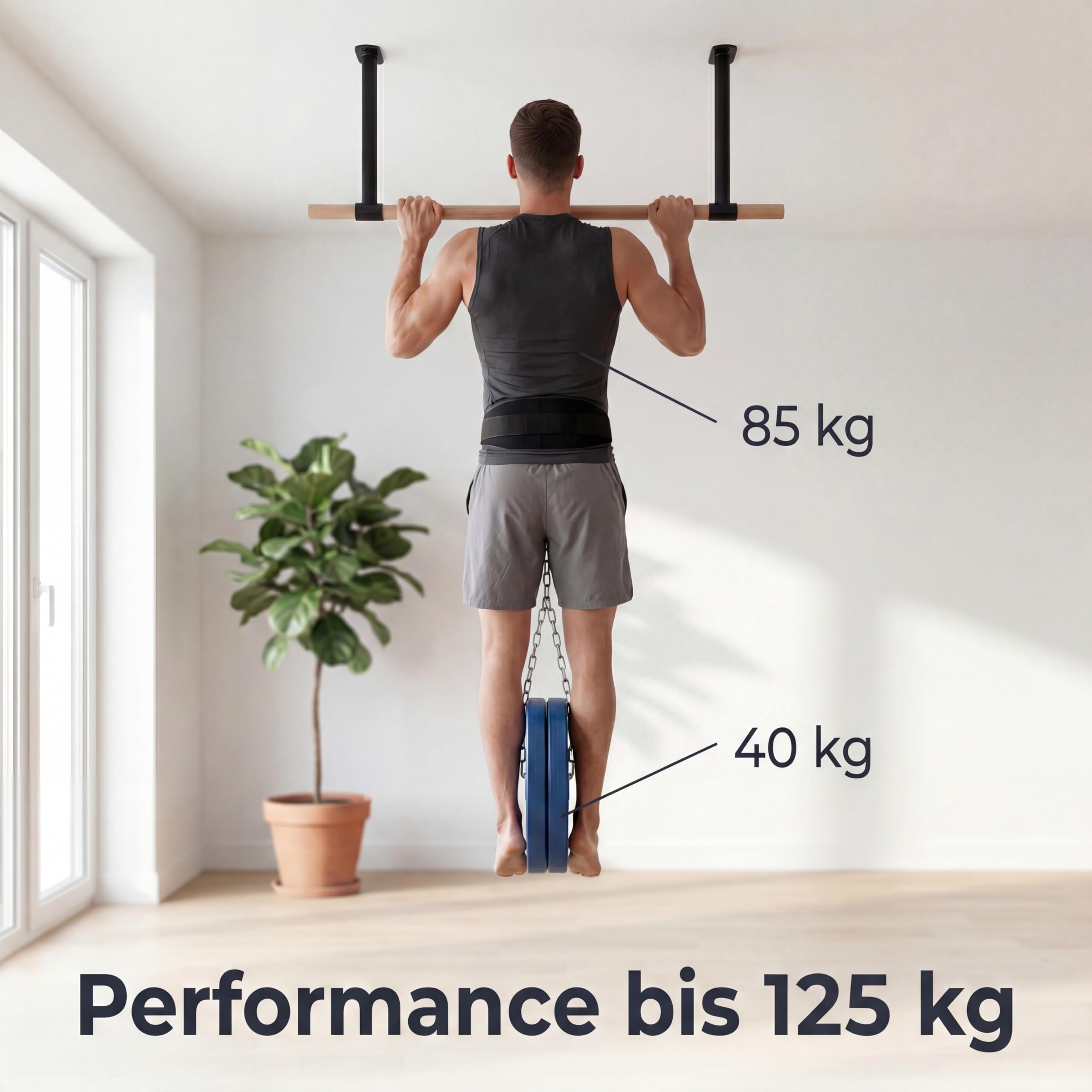 Klimmzugstange Decke - stilvolle Pull Up Bar aus Holz zur festen Deckenmontage - platzsparendes Design und hohe Bewegungsfreiheit - Calisthenics Equipment für Zuhause - bis 125kg