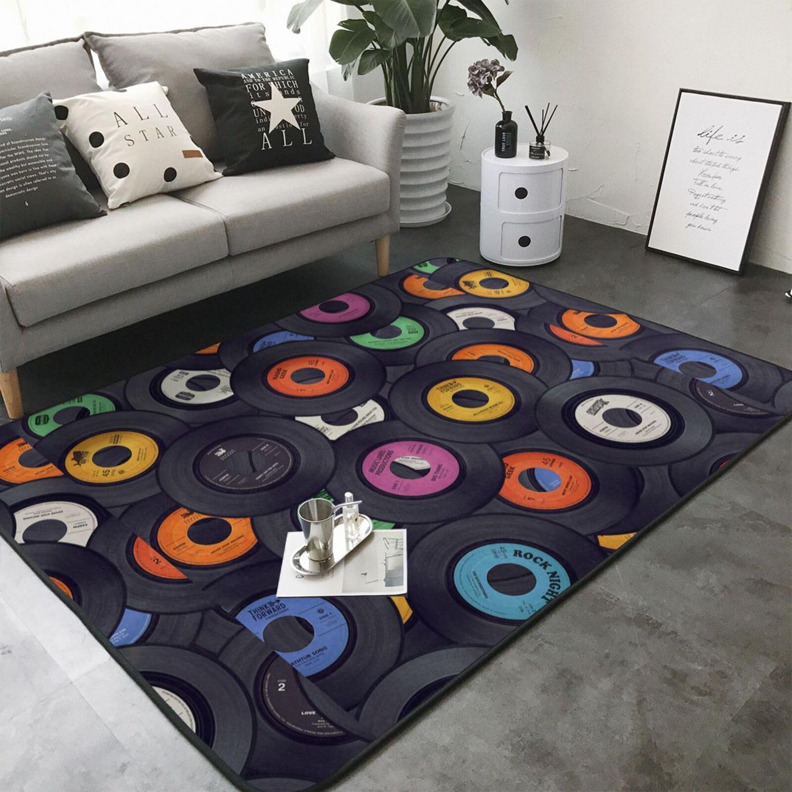 Dischi in vinile Album musicale, Tappeto grande antiscivolo per soggiorno e camera da letto, 208 x 148 cm.