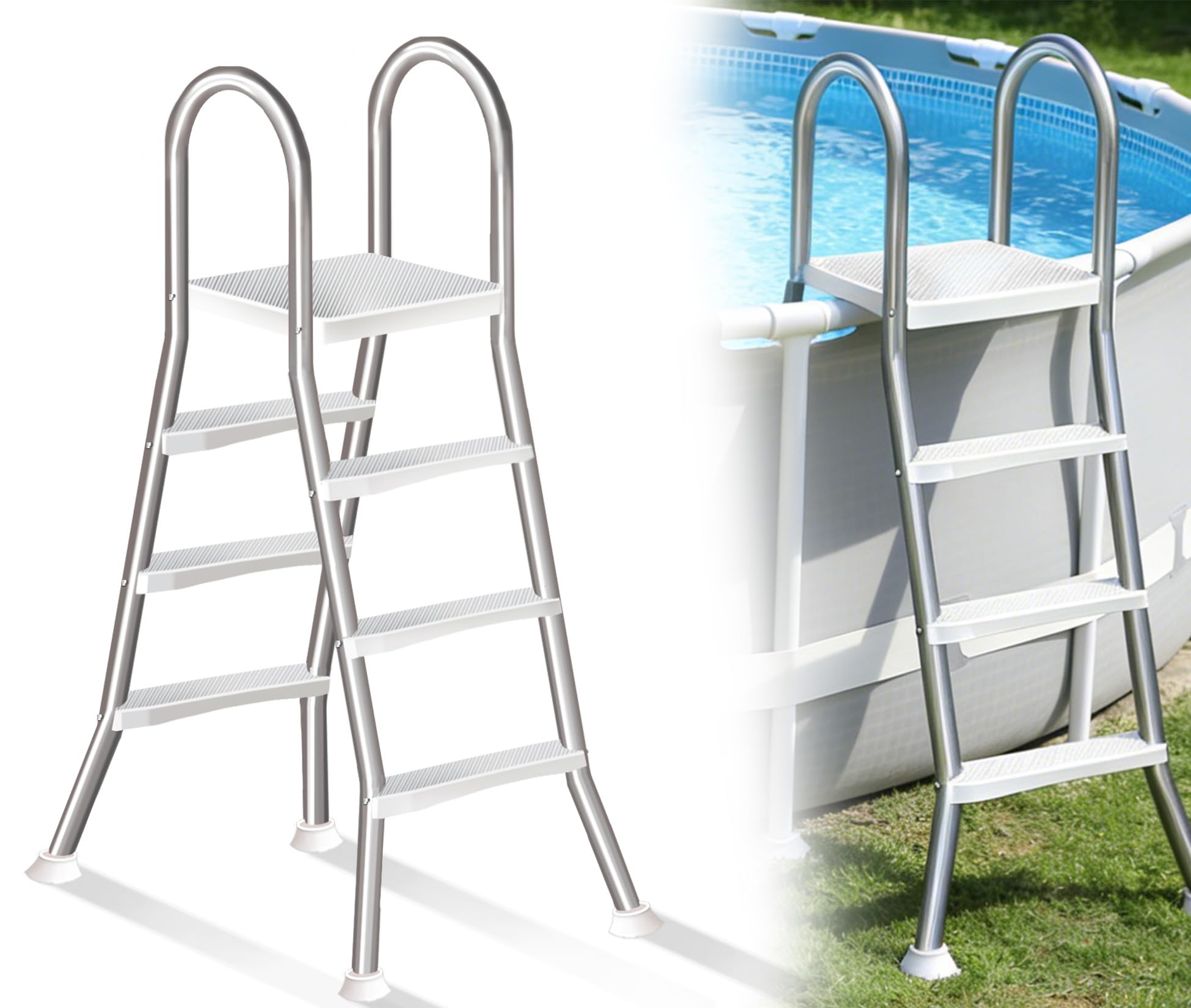 Anti-Slip Above Ground Pool Stairs, Heavy Duty 4 Step Stainless Steel Ladder, Double Handrails, Wide Steps, 250kg Load, Stable Ladder for 135cm Height Pool,110cm