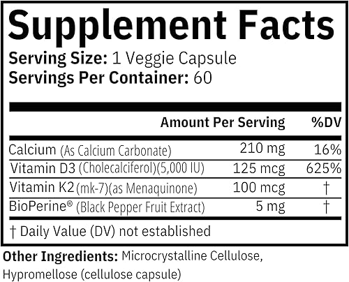 Miniatura 6 de Paquete de energía extrema de absorción máxima 1 botella de vitamina D3 K2 5000 UI MK7 con cápsulas de calcio más bioperina y 1 botella de cápsulas