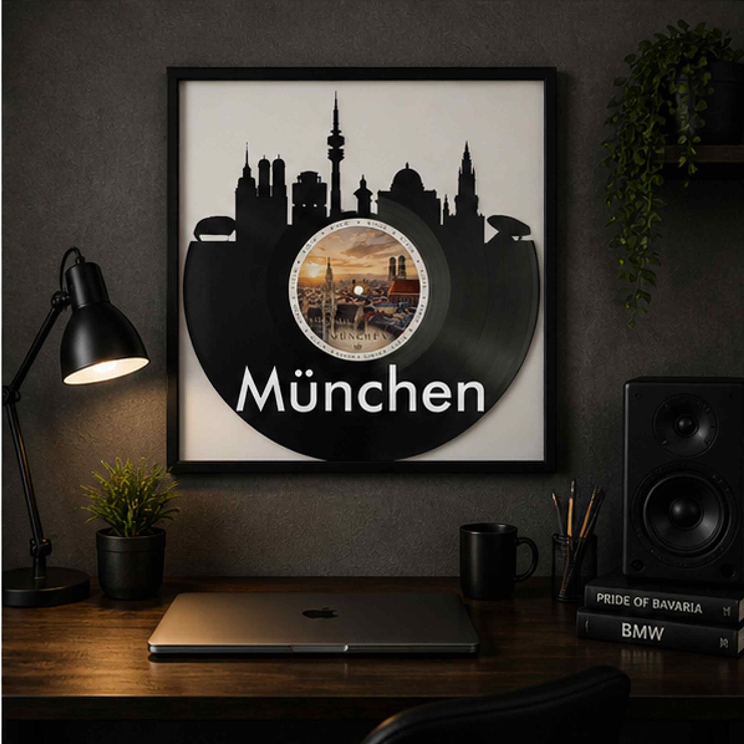 EVEVO Dekoracja ścienna z płyty gramofonowej w ramie 32 x 32 cm Monachium – winylowa sztuka ścienna Bayern prezent dla fanów Monachium i podróżników