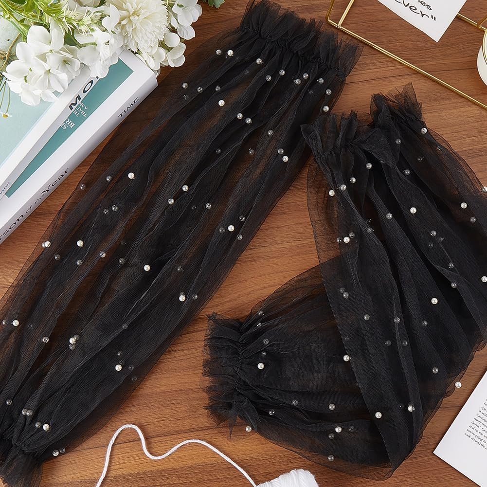 1 Pair Pearls Beaded Mesh Puff Arm Sleeves Glove Black Pearl Removable Detachable Breathable Tulle Puffy Lace Sleeves Gloves for Women Wedding Dresses Gowns Party Birthday Strapless Tops