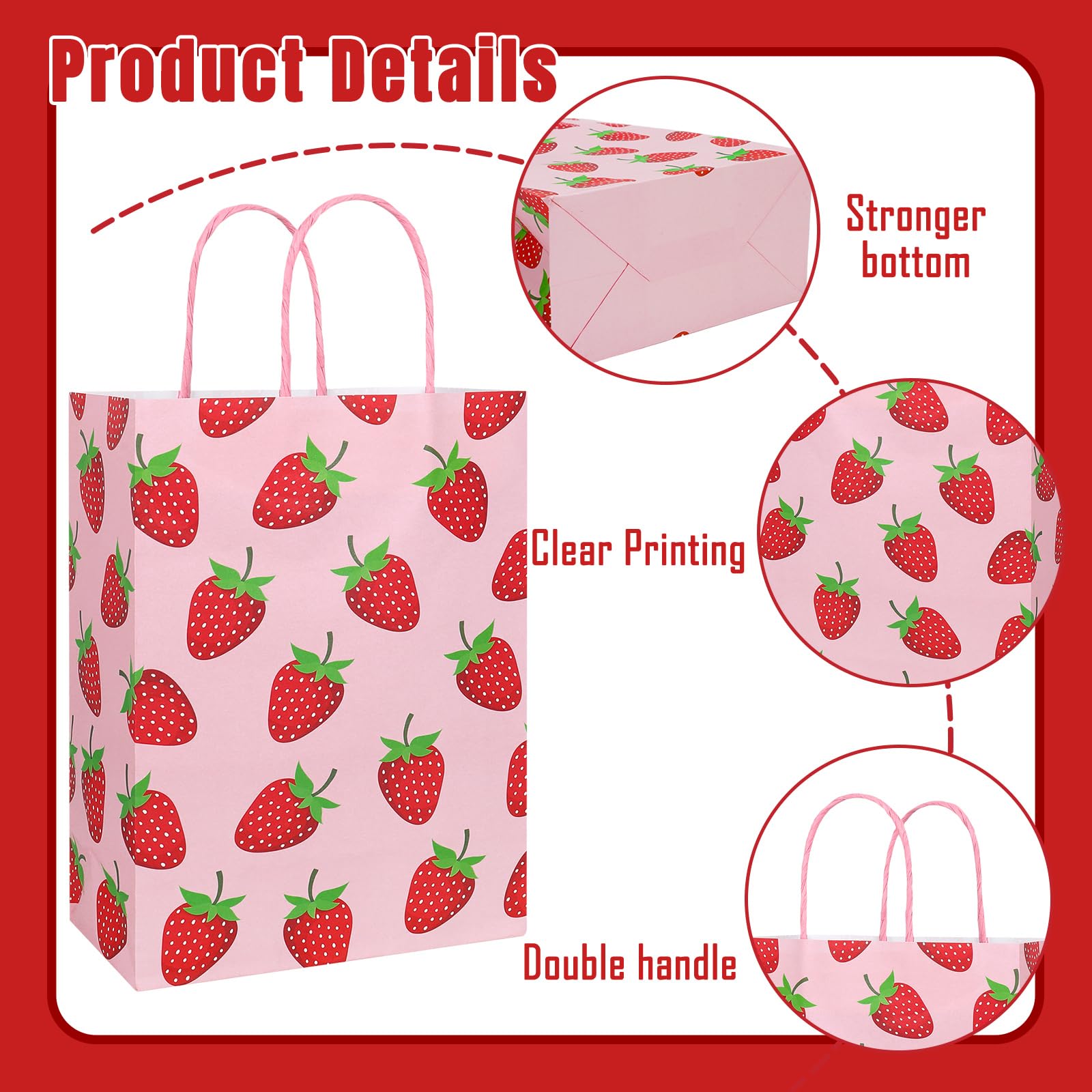 Whaline 16 Pcs Strawberry Party Favor Bags with 20 Sheets Red Tissue Paper Pink Paper Gift Bags with Handles Fruit Goodie Treat Bag for Sweet One Birthday Baby Shower Party Supplies