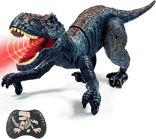 Sunrad Juguetes de dinosaurio a control remoto para niños de 3-5, 4, 7, 8 a 12 años, robot electrónico a control remoto con aerosol, luz y rugido,