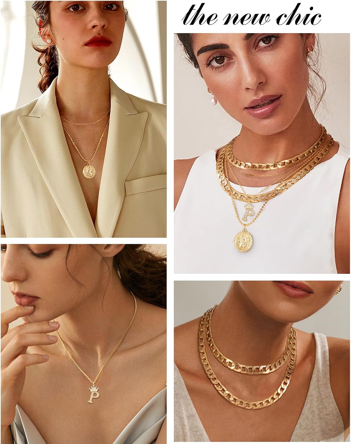 MJartoria Layered Necklaces for Women Trendy Retro Coin Crown Letter Pendant Necklace Dainty Chunky Chain Choker Necklaces for Jewelry Birthday Gifts - Image 3