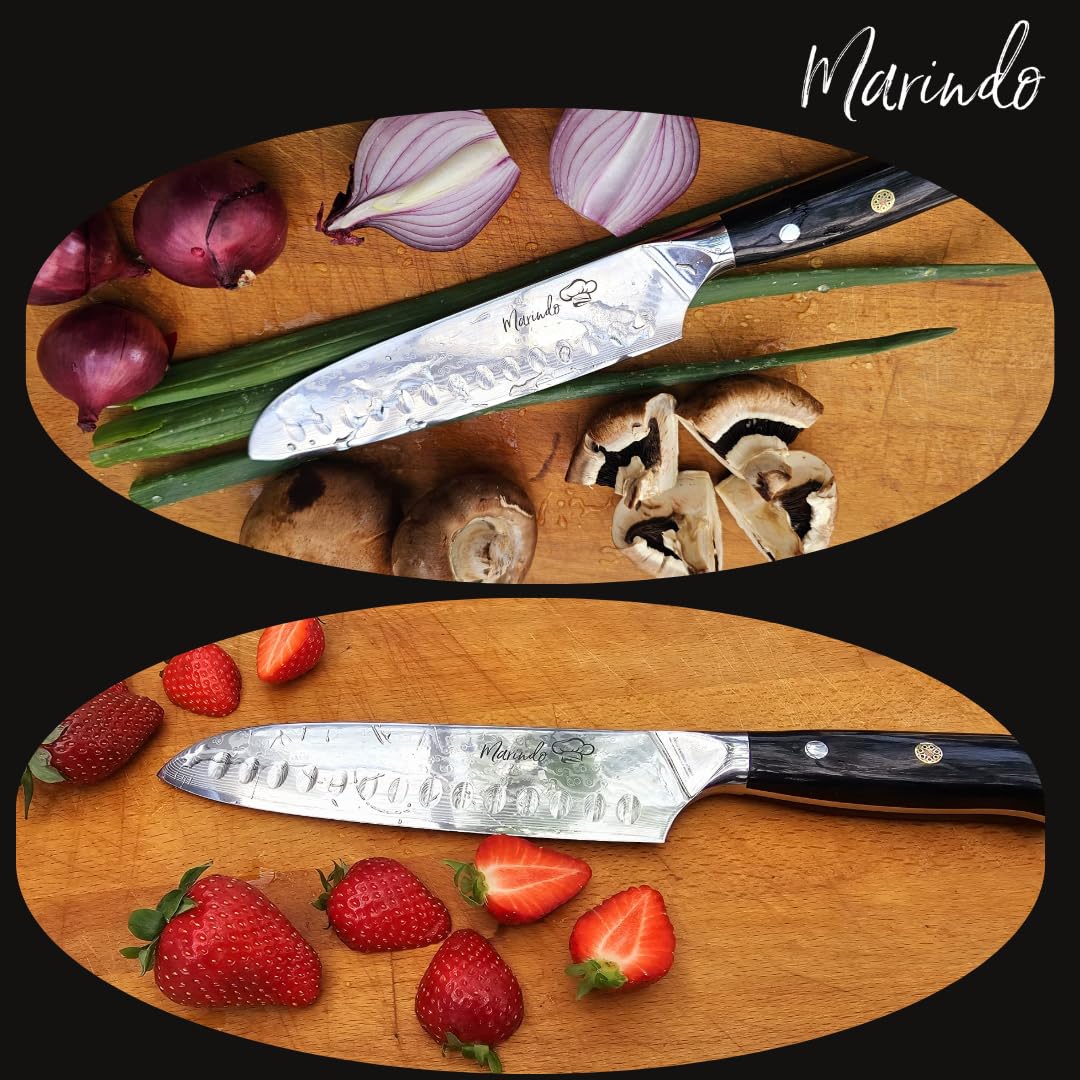Marindo® Santoku Damastmesser aus Damaszener Stahl 17,8 cm Klinge | japanisches Damast Küchenmesser mit Kullenschliff & stabilem Holzgriff | Santoku Messer Damast mit Geschenkverpackung