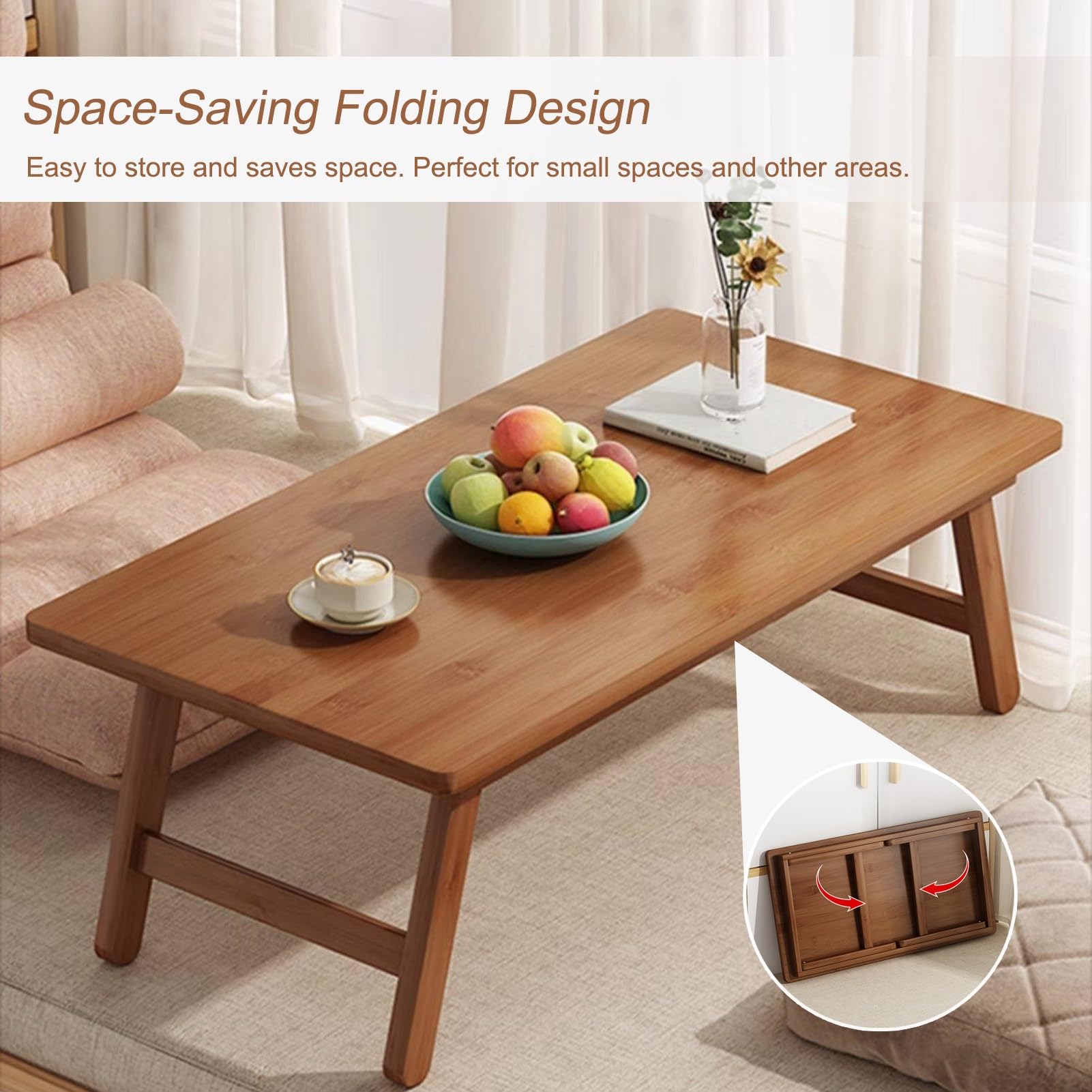 Tavolino basso giapponese pieghevole, tavolino da caffè da pavimento, ideale per tatami, camera da letto, bovindo, sala da tè, non richiede montaggio (67 * 34,3 * 27 cm/26,3 * 13,5 * 10,6 pollici)