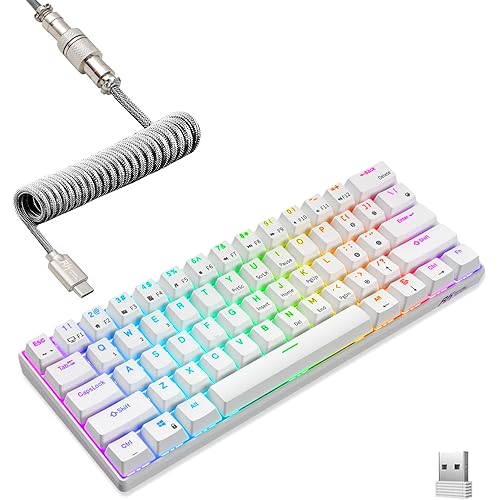 RK ROYAL KLUDGE RK61 60% Mechanical Keyboard with Coiled Cable, 2.4Ghz/Bluetooth/Wired, Wireless Bluetooth Mini Keyboard 61 Keys, RGB Hot Swappable Blue Switch Gaming Keyboard with Software - White