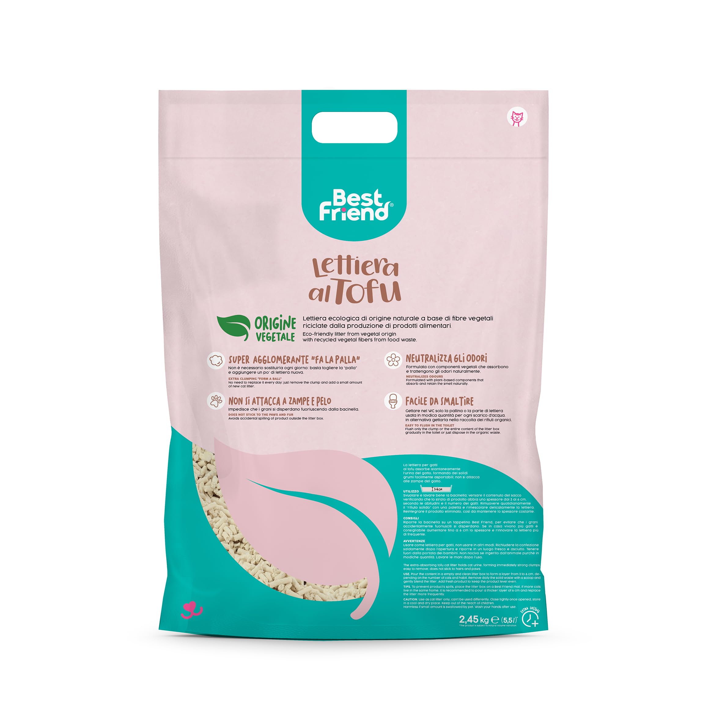 Best Friend - lettiera per gatti al tofu da 5,5 l Agglomerante e Vegetale. Fino a 30 giorni di utilizzo. Si smaltisce nell'organico o nel wc. Sabbia gatti anti odore Classica,