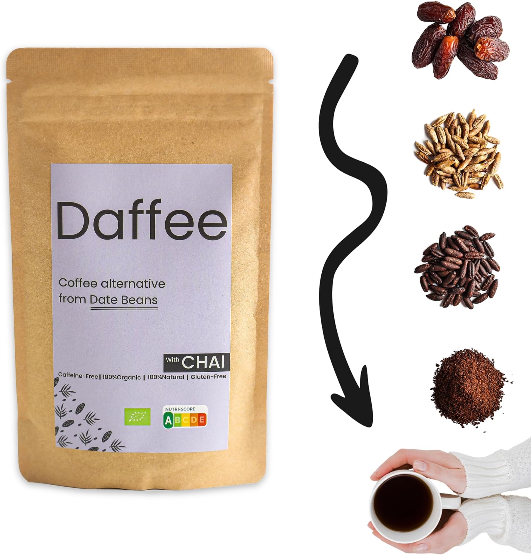 Coffee Alternative made from Ground Organic Date Beans | Natural Chai Mix | Natural Caffeine Free Coffee Replacement – Decaf Coffee Substitute - No CAF | Nutri Score A, 250g