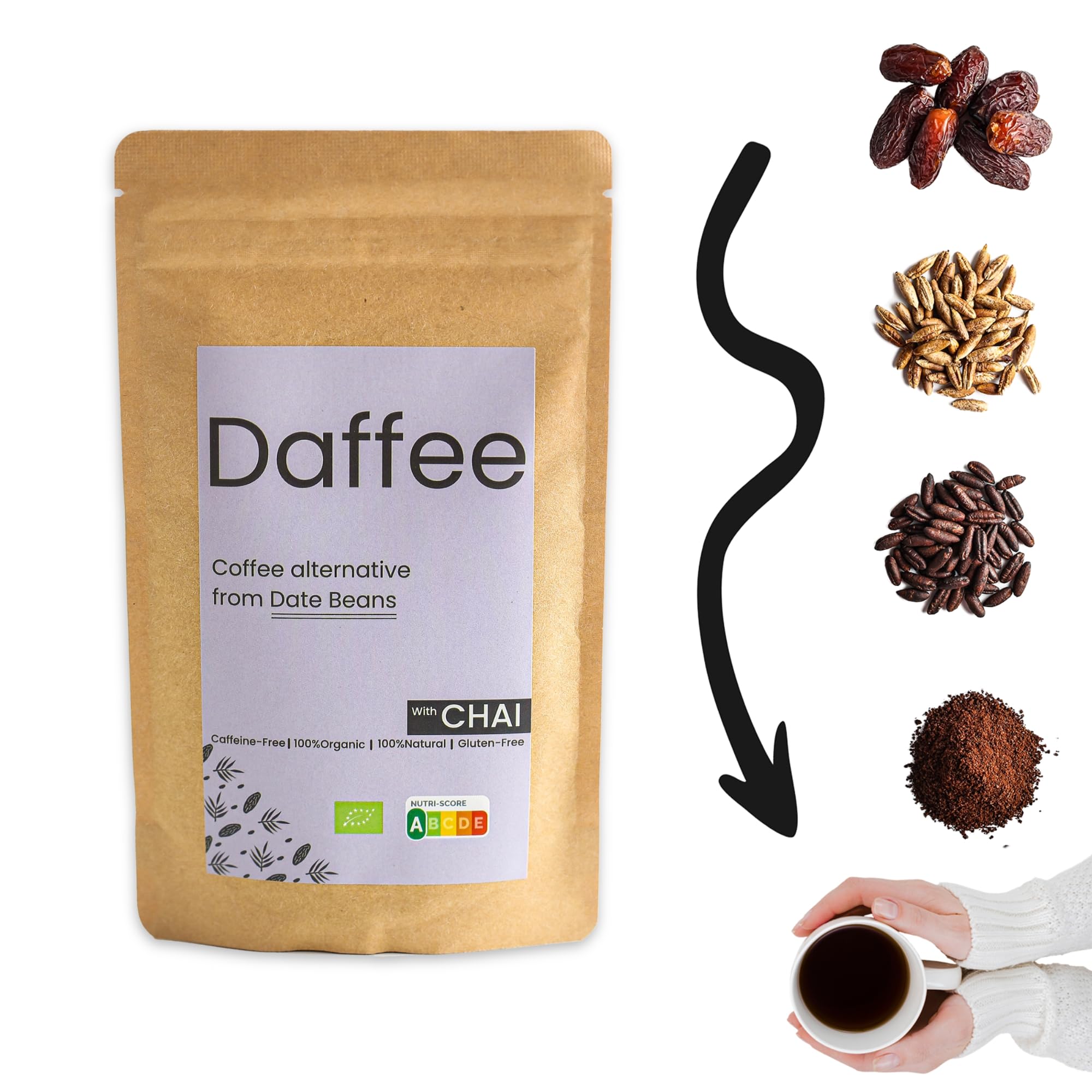 Coffee Alternative made from Ground Organic Date Beans | Natural Chai Mix | Natural Caffeine Free Coffee Replacement – Decaf Coffee Substitute - No CAF | Nutri Score A, 125g
