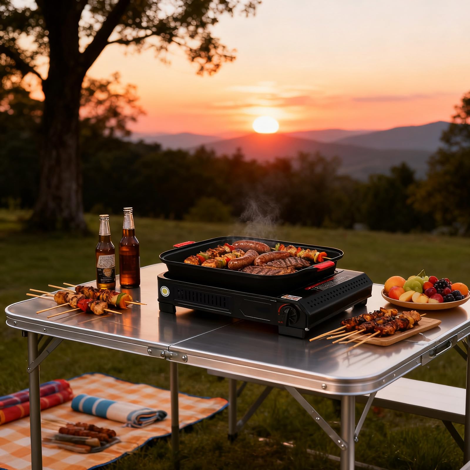 Barbacoa de gas para camping, pequeña 2,1 kW, hornillo de gas con placa de parrilla y tapa de cristal, para camping, bidón de butano, hornillo de camping para interiores, exterior (con asa)