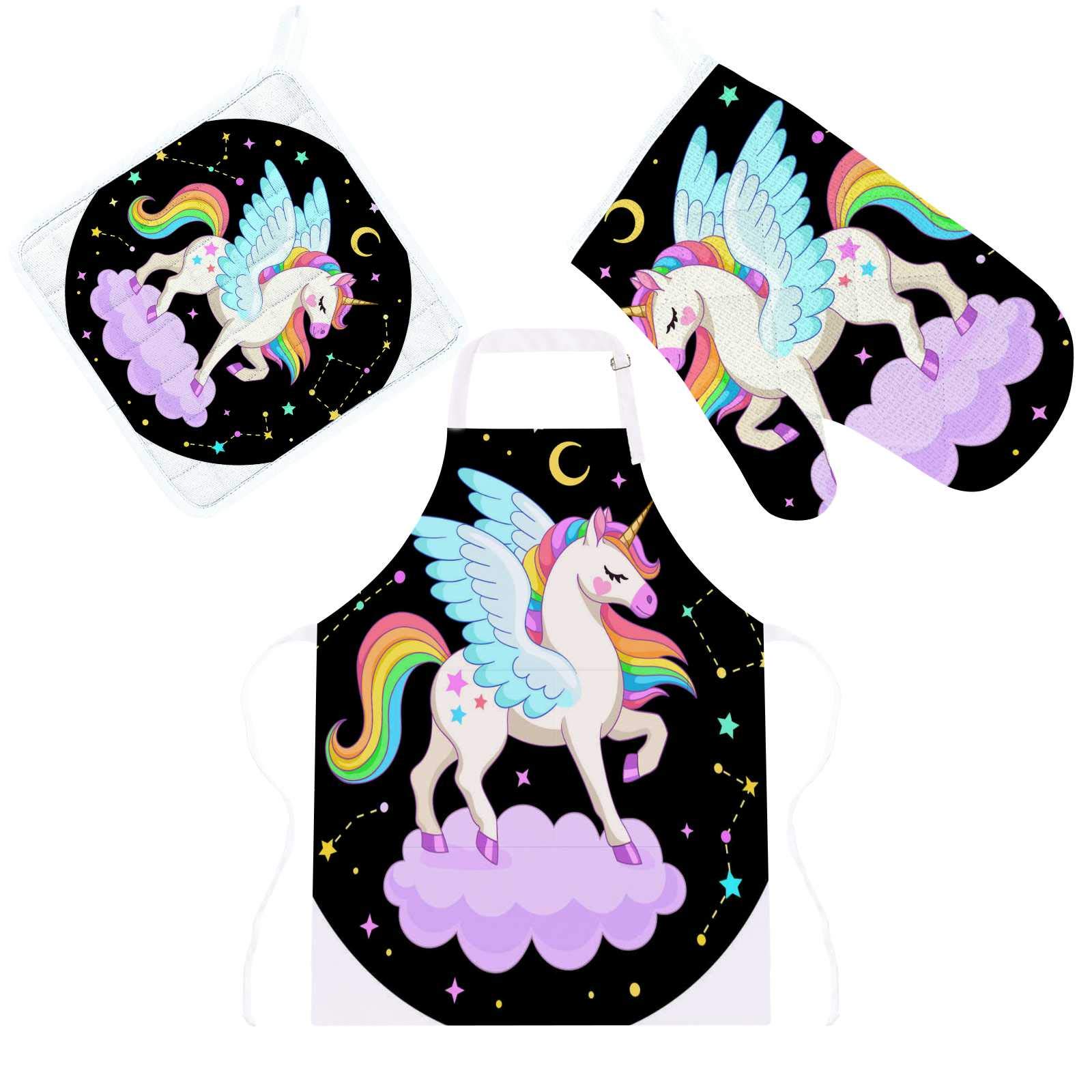 KuizeeKitchen Cooking Oven Mitts Apron Set 3Pcs Cute Little Pegasus Pink Cloud Insulation Pads Apron Microwave Pot Holders Cooking Baking BBQ Suitable Machine Washable Gift