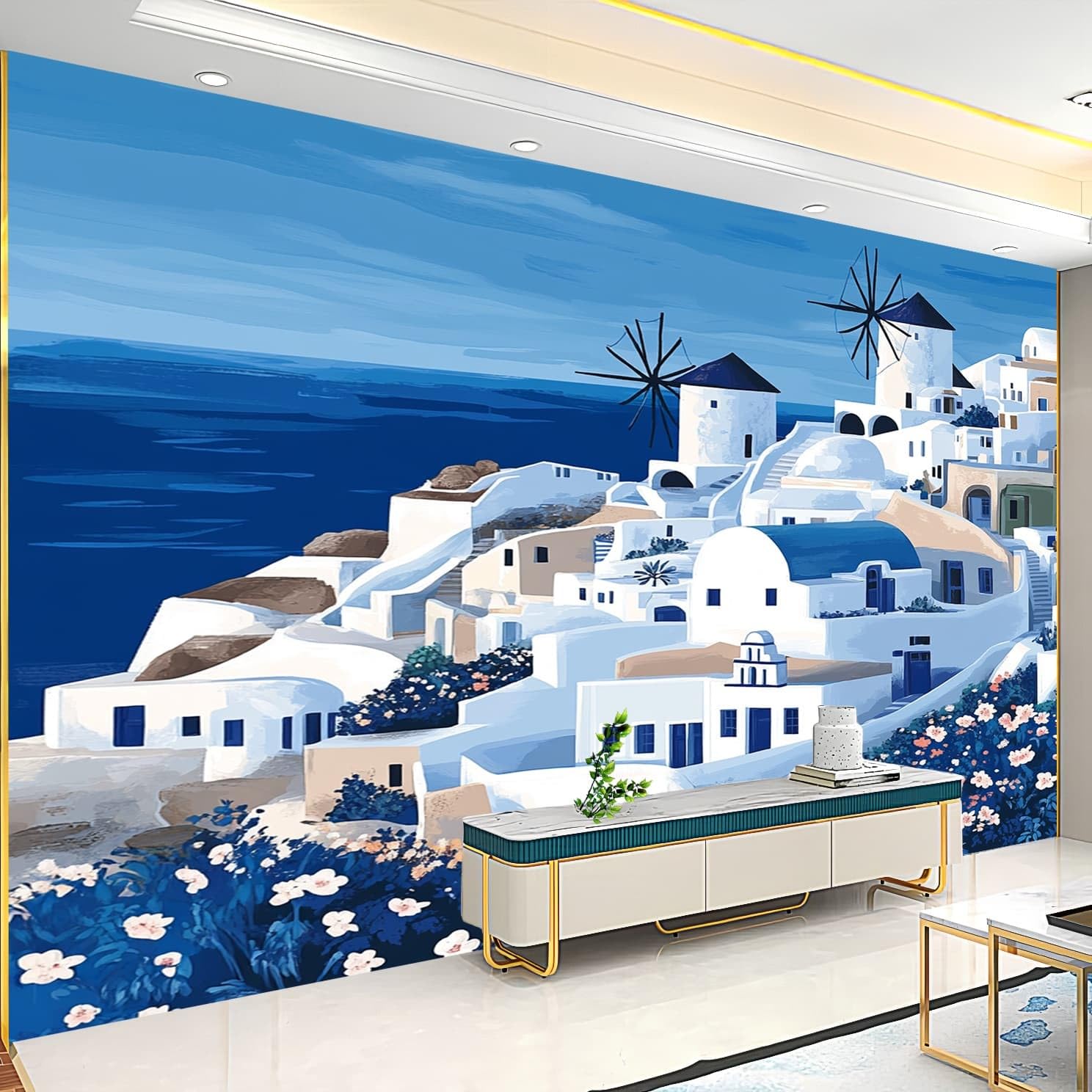Naklejki ścienne do salonu 300 x 210 cm Santorini Architektoniczne wzory efekt 3D Murale ciemnoniebieskie tapety z włókniny plakat projekt pokoju zabaw korytarz salon ściany