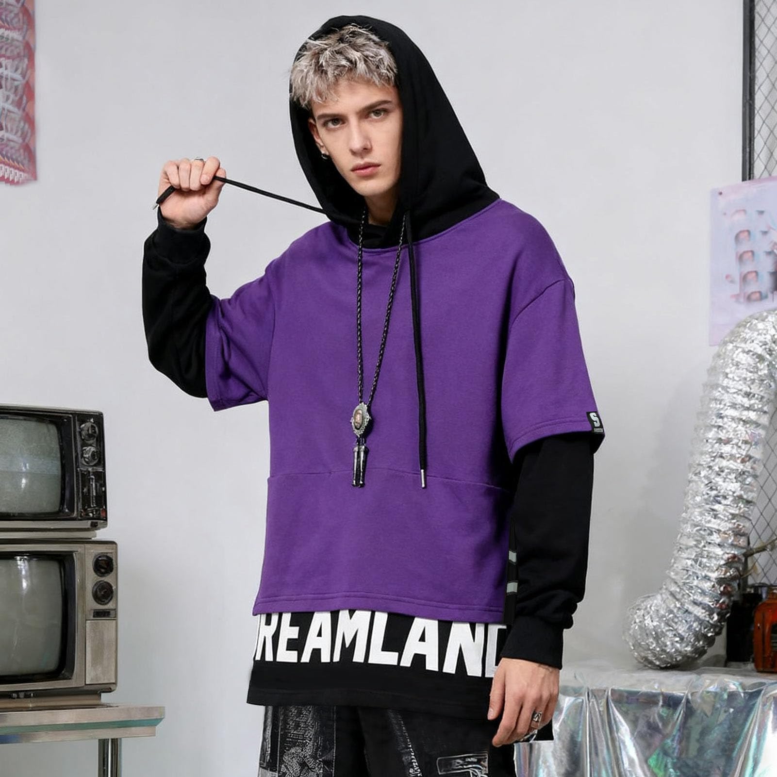 Felpa Uomo con Cappuccio Cotone Felpe Blocchi di Colore Hoodies Sweatshirt Pullover Autunno Inverno Hooded
