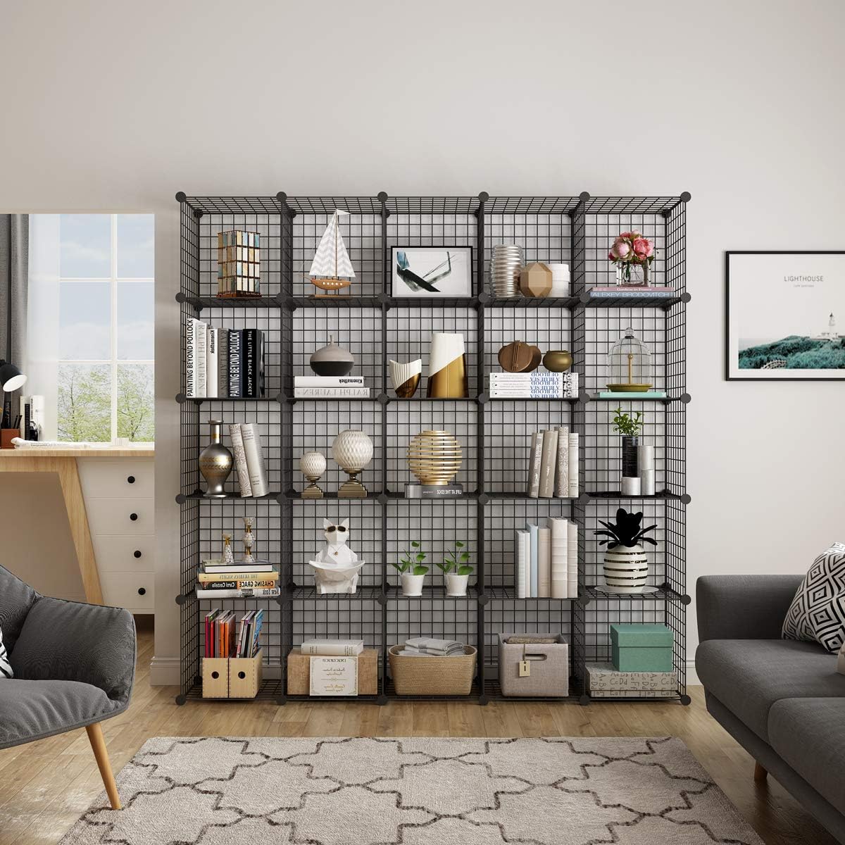 KOUSI DIY Wire Cube Storage, Modular Metal Shelf, Cubby Shelving, Stackable Grid Organizer, 25 Cube, Black