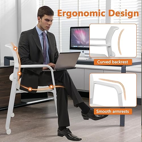 Miniatura 68 de CLATINA Silla de sala de espera negra con ruedas y respaldo de malla apilable con asiento de tela tapizado y soporte lumbar ergonómico para oficina