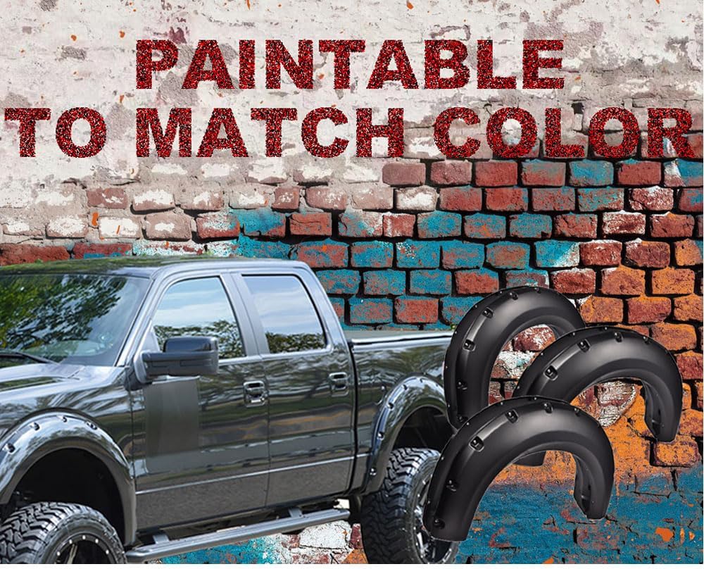 CHEDA Fender Flares,Compatible with 2009-2014 Ford F150, Paintable Riveted Smooth Matte Black Pocket Style 4Pcs Wheel Flares Set