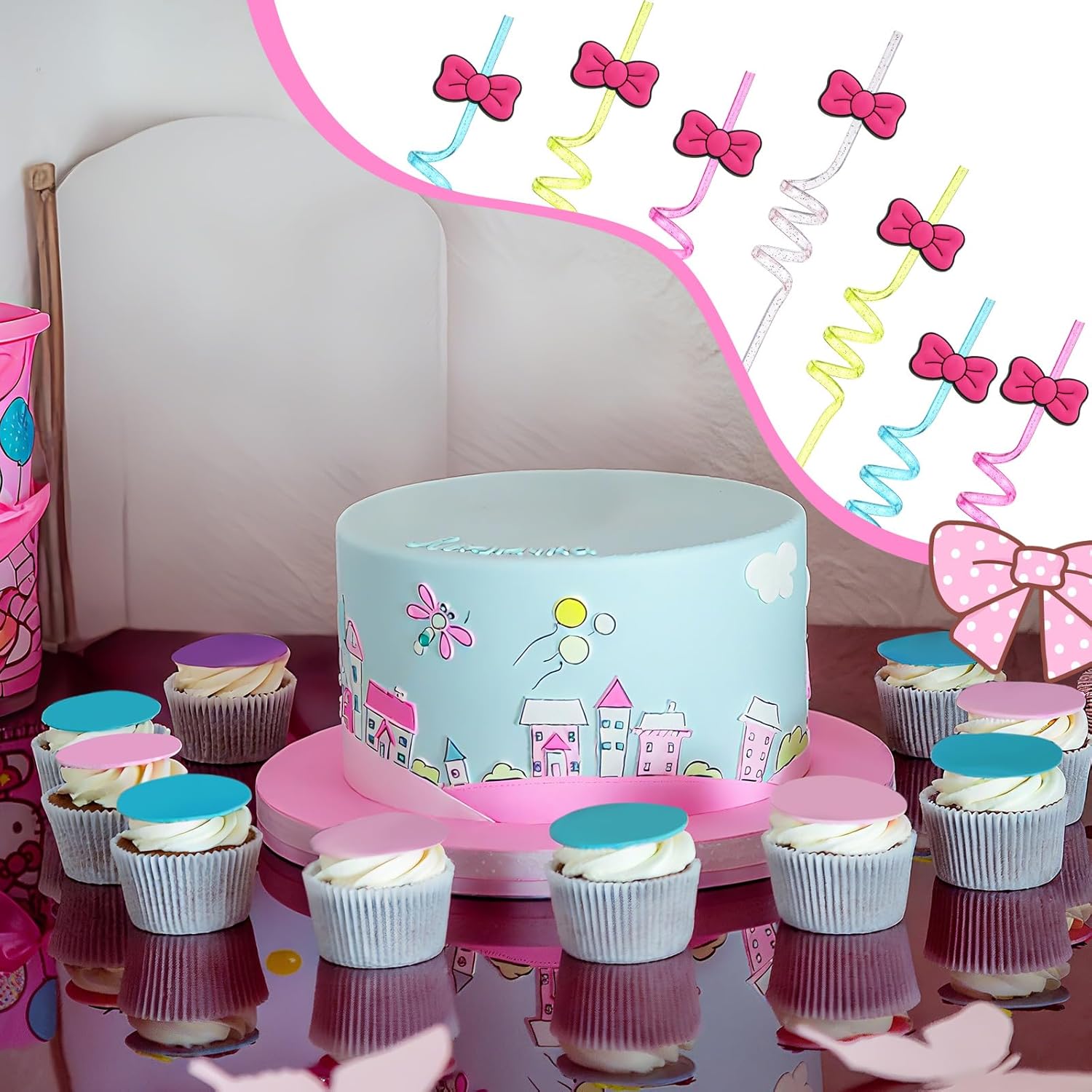 Potchen 16 Pcs Kitty Party Favors Pink Bow Spiral Drinking Straws Colorful Kitty Birthday Party Decorations for Christmas Kitten Supplies