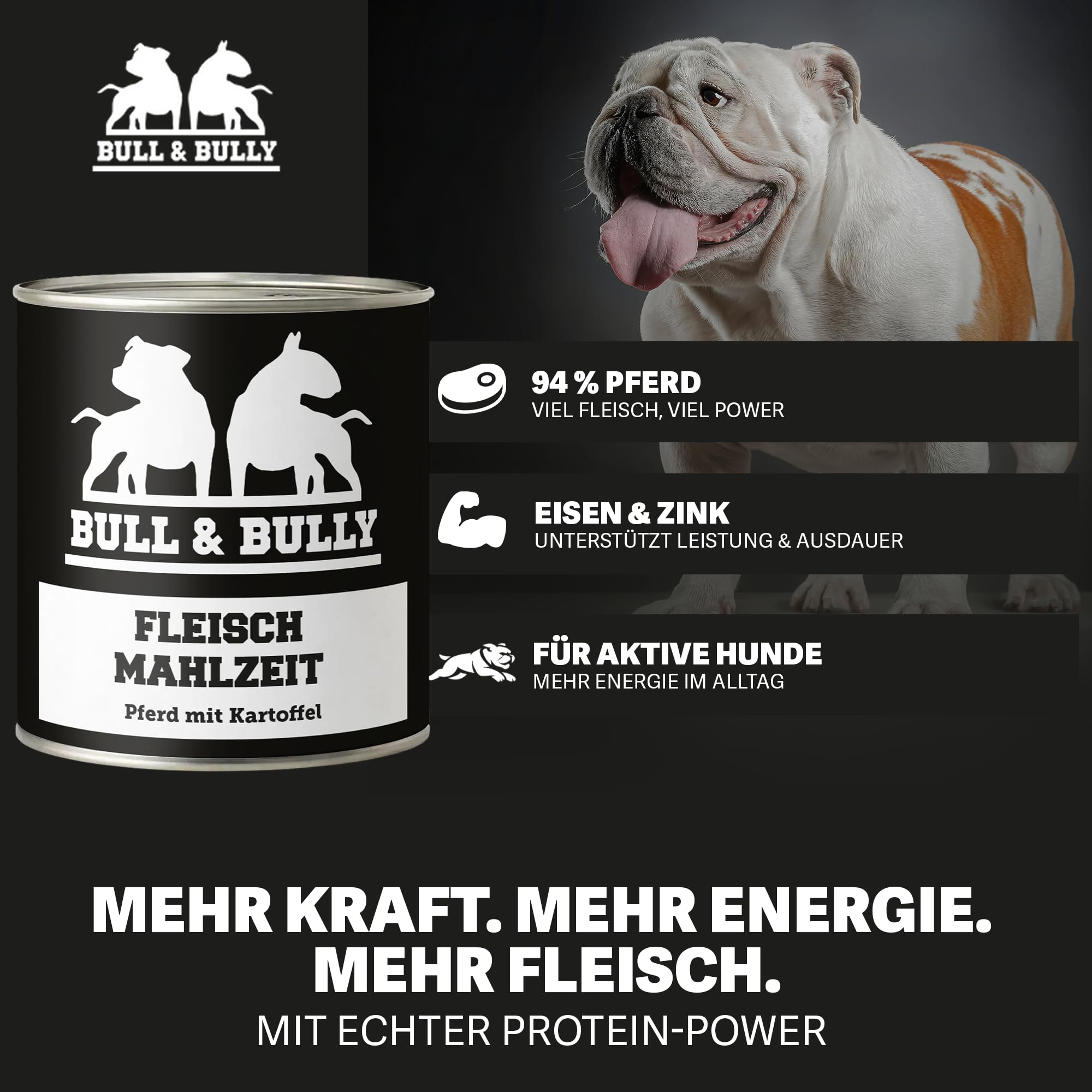 Hundefutter Nass 800g 12x Fleischmahlzeit Pferd mit Kartoffel | Tierärzten entwickeltes Hunde Nassfutter Premium Wet Dog Food mit 94% Fleischanteil für aktive Hunde von BULL & BULLY