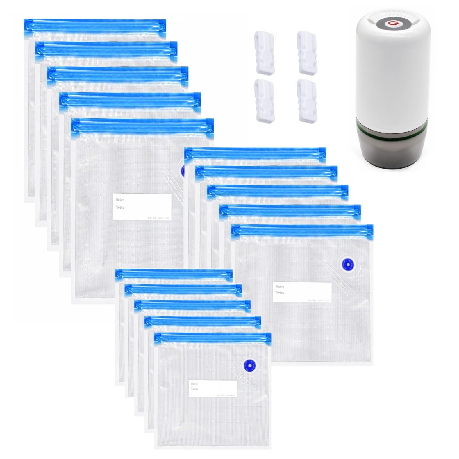 JZK 15x Reusable vacuum sealer bags and portable electric vacuum air pump for food storage bag, BPA-free ziplock freezer bags for food freshness preservation, meal prep and sous vide, large small