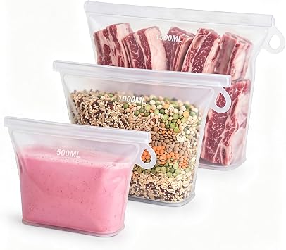 Reusable Sealable Silicone Food Storage Bags, 3-Pack L/M/S Stand-Up Bags