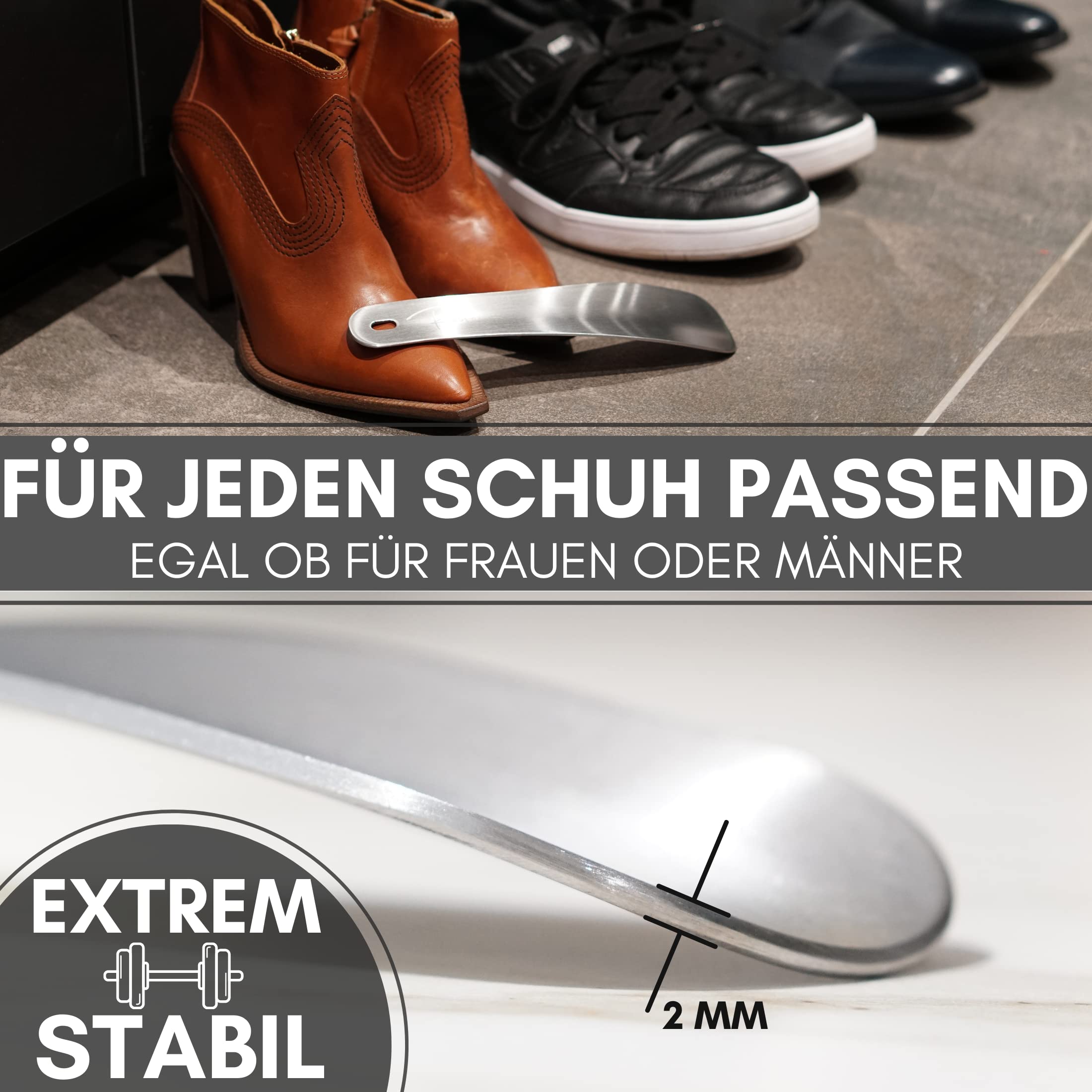 Robfox Schuhlöffel klein I 22cm lang & extra stabil I gebürstetes Metall I Schuhanzieher klein aus Edelstahl I kompakte Schuh Anziehhilfe I Schuhauszieher kurz I kleiner Kinder shoe horn