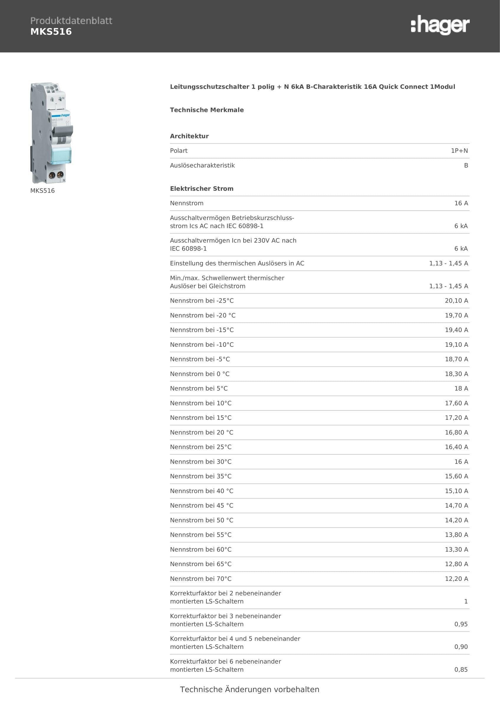Hager Disjoncteur 1 pôle + N 6 kA Courbe B 16 A Quick Connect mks516