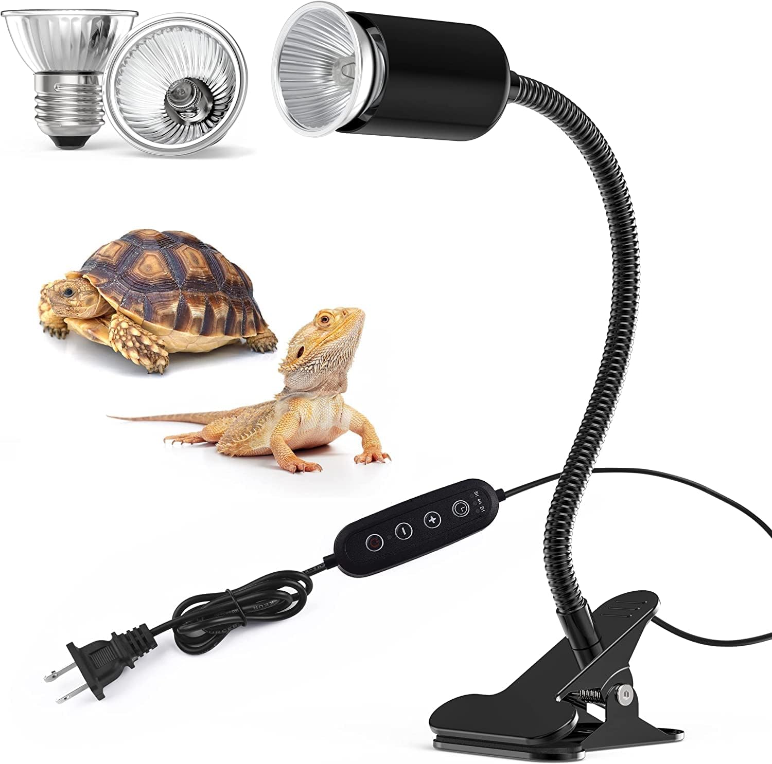 Reptile Heat Lamp, UVA UVB Turtle Light Bulb*2 Reptile Light Fixture with 360° Rotatable Hose and Timed Suitable for Turtle Reptile Plant (2 Pack 50w Bulb)