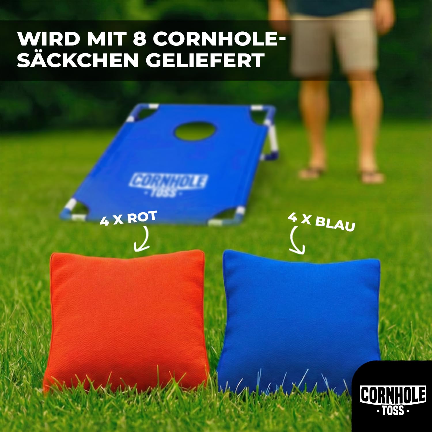 Cornhole Toss – Leicht & Faltbar aus Stoff 90×60 cm – Set mit 2 Boards + 8 Säcken + Tragetasche – Wurfspiel für draußen, Garten, Events – Original Corner