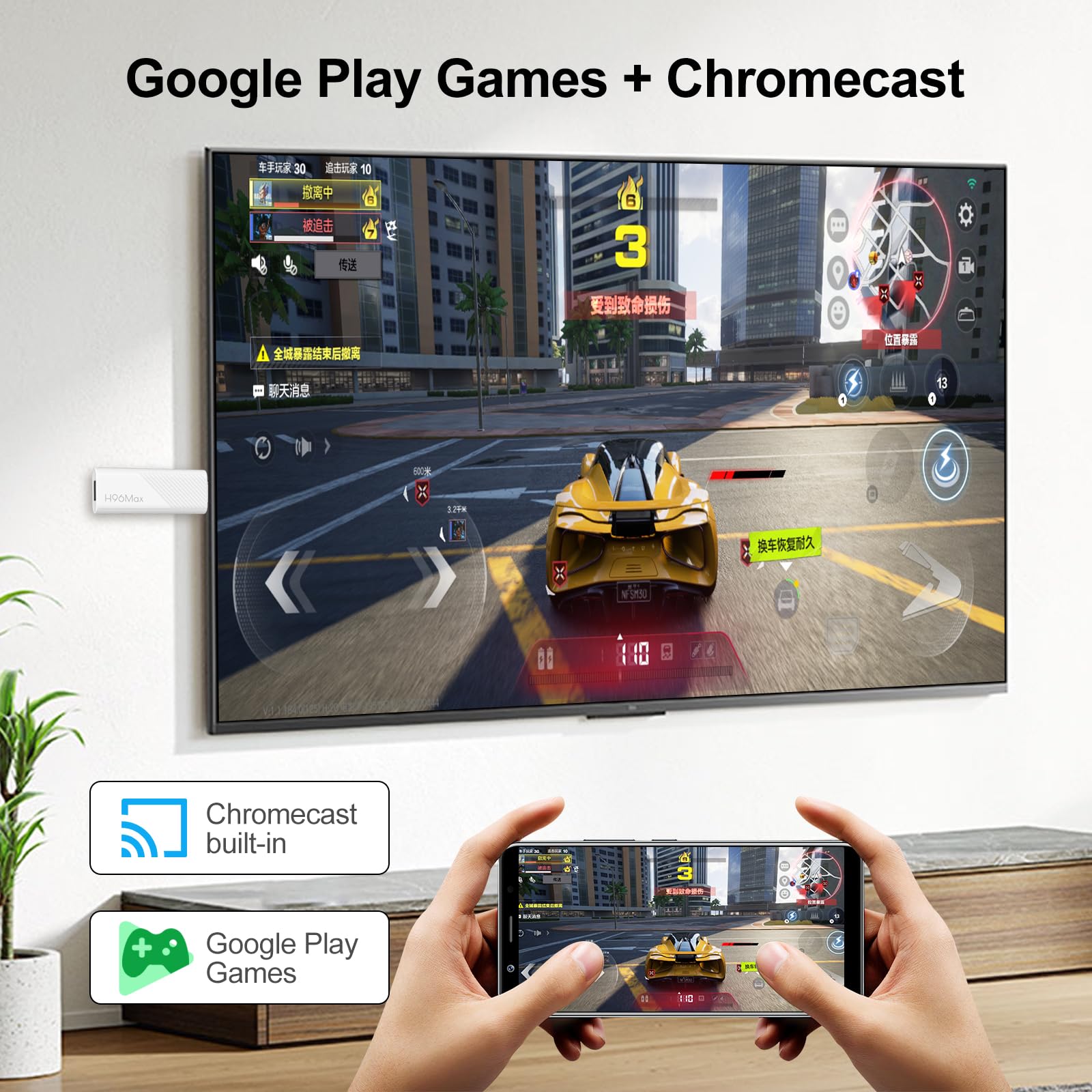 H96 MAX Android 14.0 TV Stick 16GB ATV Quad-Core WiFi6 2.4G/5.8Ghz BT5.0 4K AV1 Ultra HD Lettore di controllo vocale Smart Home