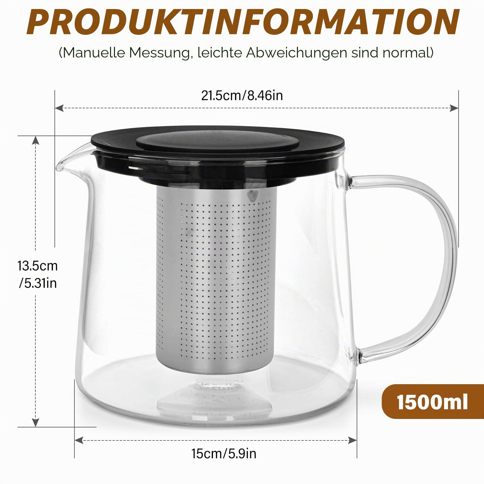 1.5L Glaskanne mit Sieb, Teekanne Glas Teekanne Mit Siebeinsatz, Hitzebeständige Glasteekanne, Glas Teapot, Ideal für Lose Blätter und Kräutertee und Saft, 21,5 x 15 x 13,5 cm