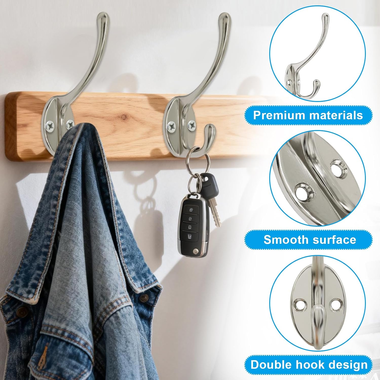Heavy Duty Coat Hooks Wall Mounted, Silver, 10 Pack