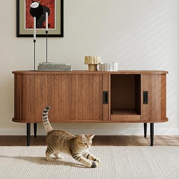 PUPETPO Cat Litter Box Enclosure Furniture with Sliding Tambour Door