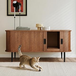 PUPETPO Cat Litter Box Enclosure Furniture with Sliding Tambour Door | 47” Hidden Litter Box, Built-In Litter Collector, Modern Indoor Cat House, Doubles as Side Table or TV Stand, Brown