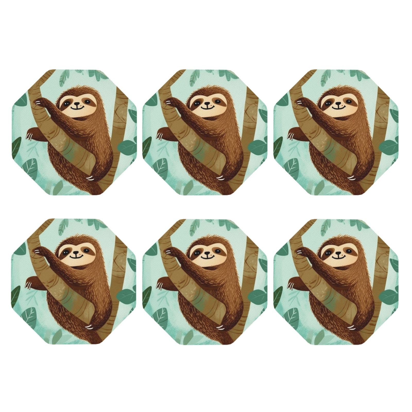 6pcs Leather Coasters for Drinks, Hug Tree Sloth Drink Coasters for Tabletop Protection, 4" Cup Coasters for Coffee Table Decor, Non-Slip Drinking Cup Mat for Hot Or Cold Drink