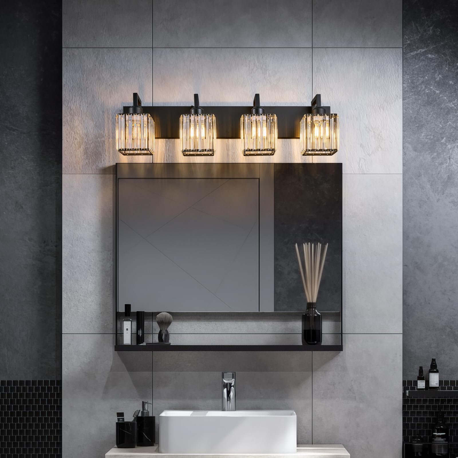 FDPBY Black Bathroom Light Fixture, 4-Light Crystal Vanity