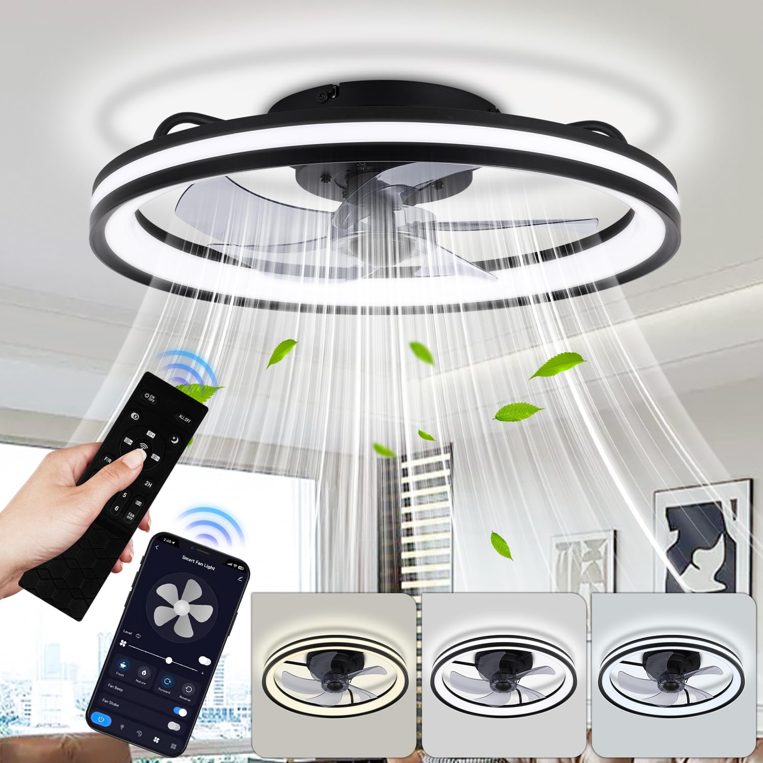 Ventilatore da soffitto con luce Ø50cm, telecomando, 6 velocità, 3 colori dimmerabili, modalità estate-inverno, timer