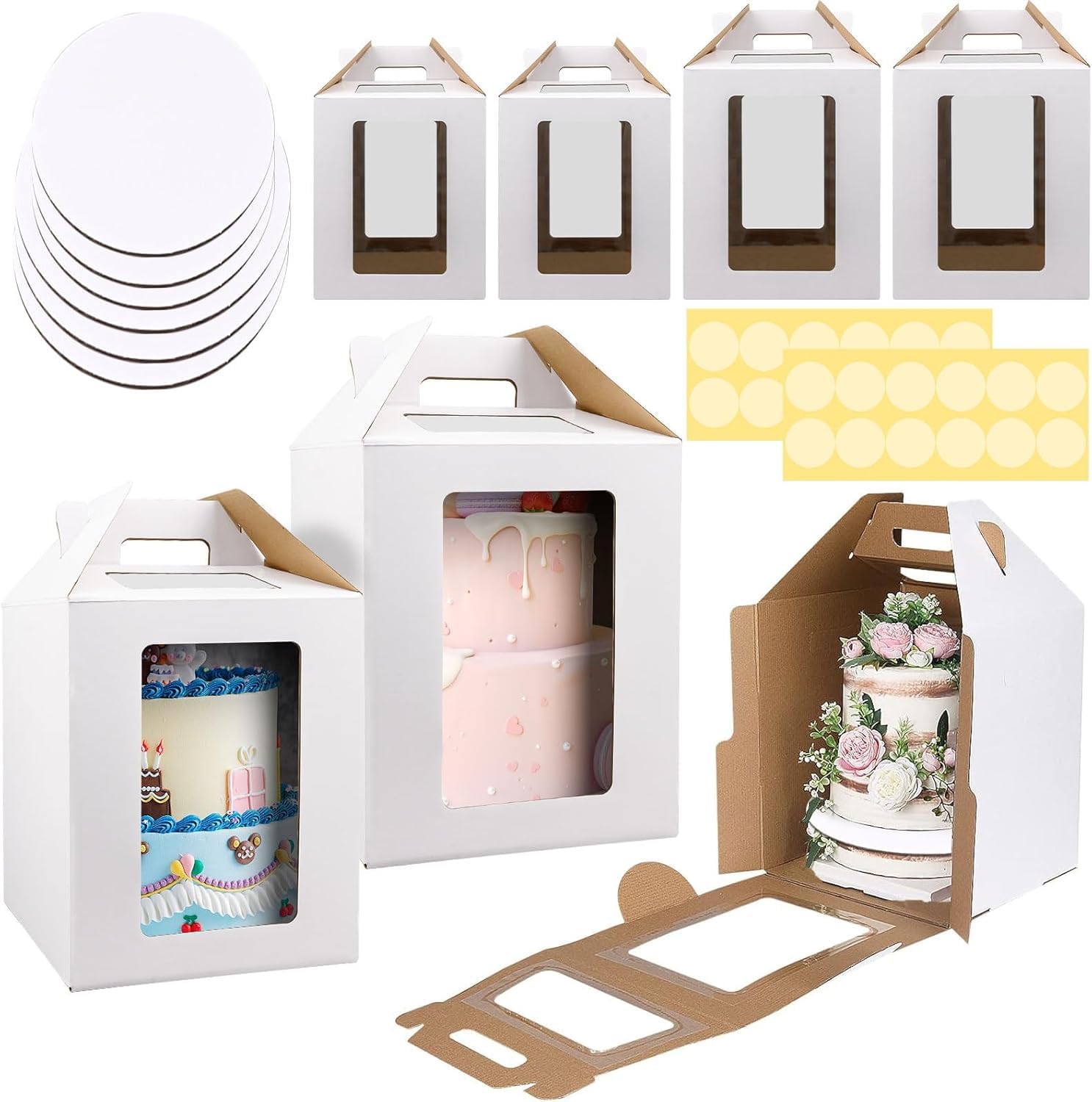 6 Pcs Tall Cake Boxes with Window and Boards, 2 Sizes, 10 inch/12 inch Cake