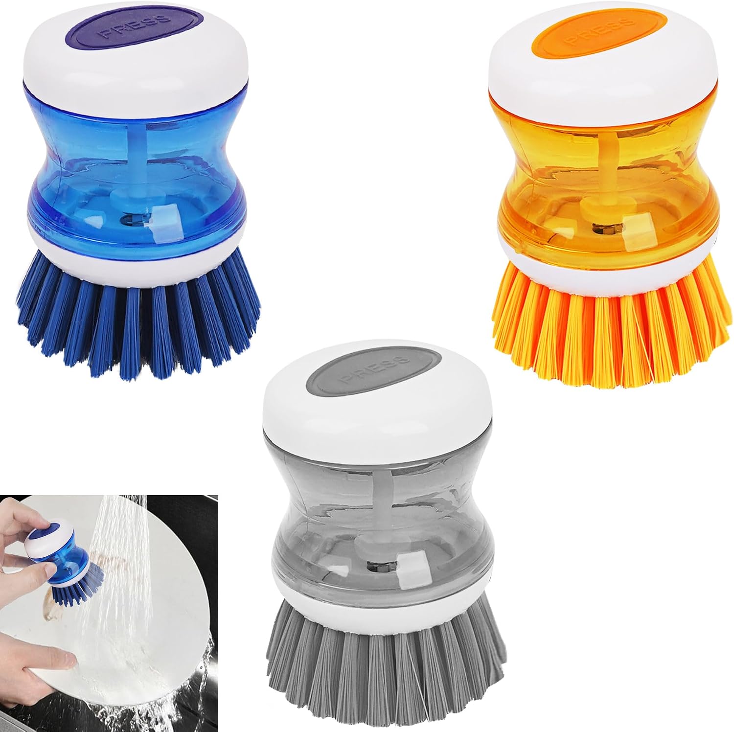 Dish Scrubber with Soap Dispenser, 3 Pack Soap Dispensing Palm Brush for Kitchen Sink Pot Pan, Color Coded Dishwashing Scrub Brush Set (Gray, Blue, Orange), Non-Scratch Cleaning Tool