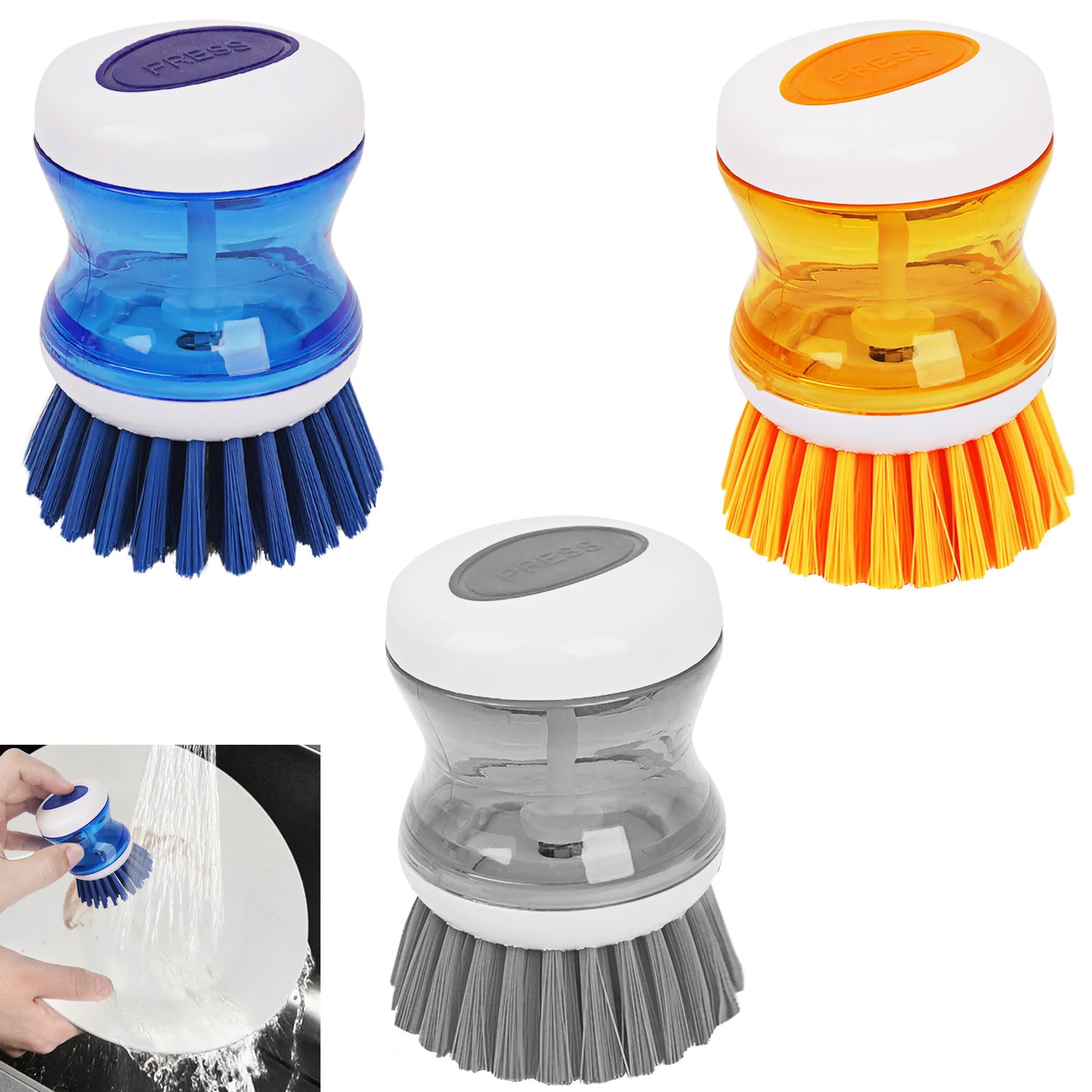 JANKOW Dish Scrubber with Soap Dispenser, 3 Pack Soap Dispensing Palm Brush for Kitchen Sink Pot Pan, Color Coded Dishwashing Scrub Brush Set (Gray,