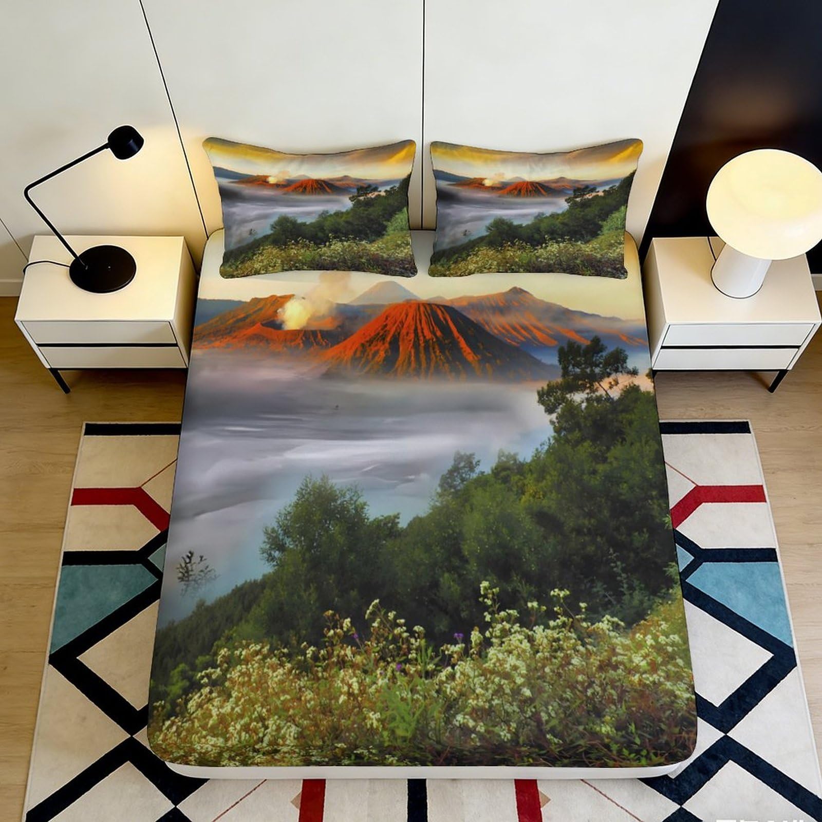 3D Printed Sunset Mountain Fitted Sheet Microfiber Soft Landscape Forest Mattress Cover Bedroom Decor 90x200x25cm