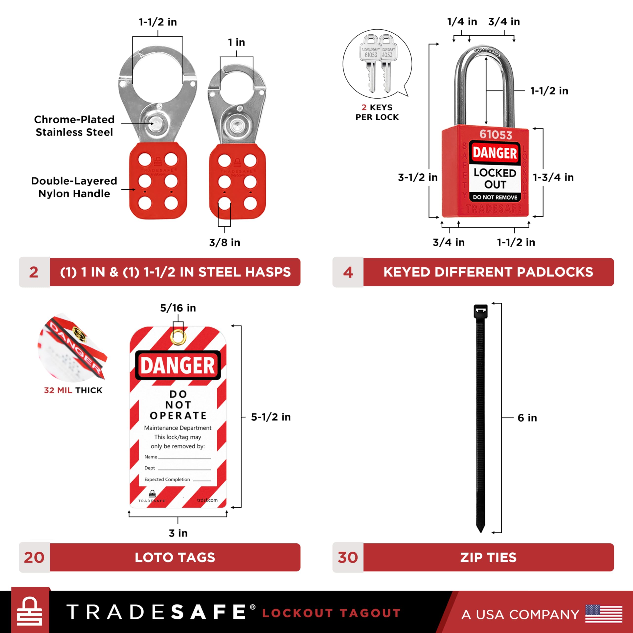 TRADESAFE Kit di blocco elettrico – fermagli, morsetti e interruttori multipolari universali, etichette Loto, blocco spina, set di serrature Loto (2 chiavi per lucchetto) per serrature elettriche
