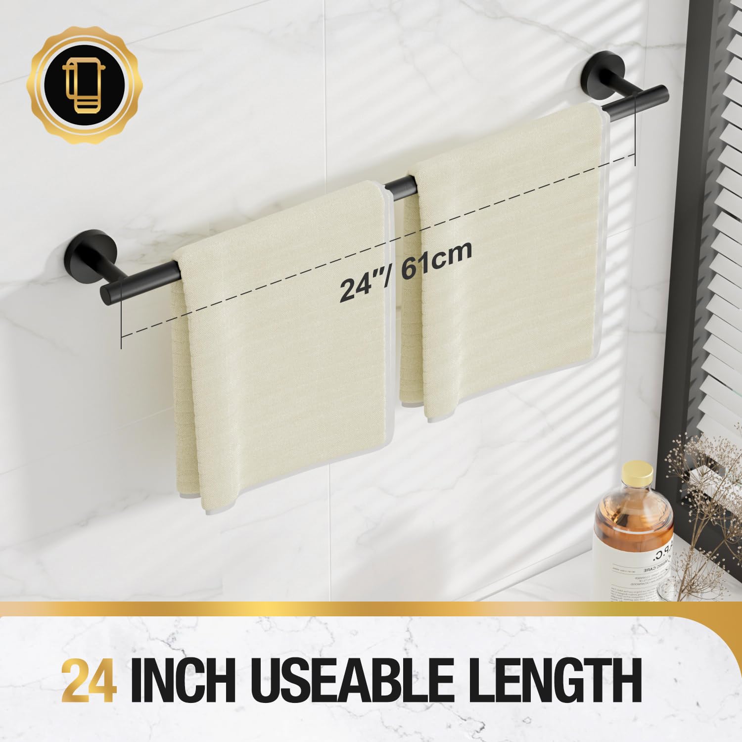 HITSLAM 24″ Self-Adhesive Towel Bar – Matte Black, SUS304 Stainless Steel, No-Drill Wall Mount Or Screw Installation, Bathroom & Kitchen
